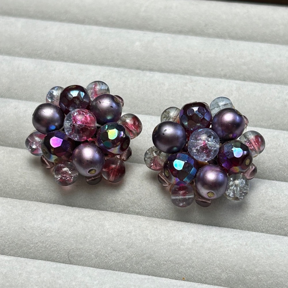Glass Bead Cluster Clip On Earrings Vintage West Germany Purple Aurora Borealis